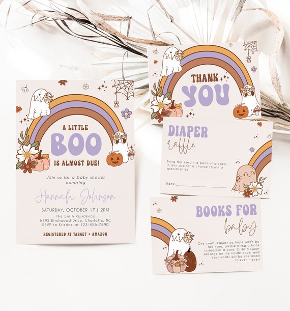 Retro Halloween Baby Shower Invitation Bundle, Ghost Rainbow (Digital Download) CLP113