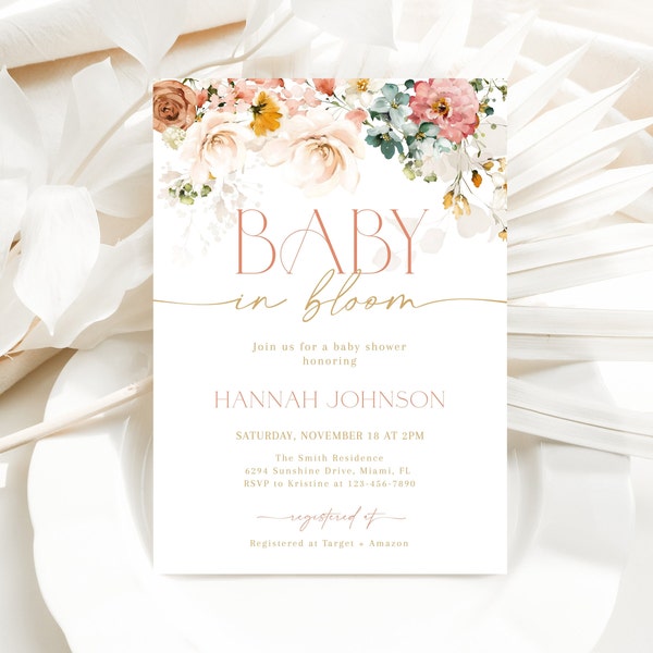 Editable Baby in Bloom Baby Shower Invitation, Spring Fall Flowers Baby Shower Invite, Wildflower Baby Shower Invitation, CLP161