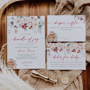 Bundle modifiable d'invitations pour baby shower de Noël, ensemble d'invitations imprimable Bundle of Joy, baby shower floral d'hiver, bébé non sexiste, BBS10