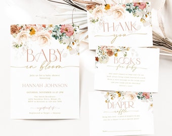May include: A floral baby shower invitation with gold lettering that reads "Baby in Bloom" and includes details for the event. The invitation also includes a thank you card, a book request card, and a diaper raffle card.