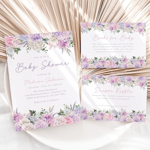 Bearbeitbares Lila Blumen-Babypartyeinladungspaket, Lila Hortensien-Babypartyeinladungsset, Rosa + Lavendel-Babypartyeinladung, BBS73