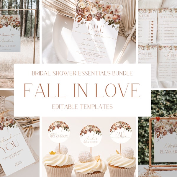 Fall Floral Bridal Shower Invitation + Decoration Bundle, Autumn Fall In Love Bridal Shower Invite + Game Set, Neutral Floral, CLP80