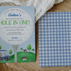 Edytowalne zaproszenie na urodziny Golf Hole in One, Golf Pierwsze urodziny Par-tee, Wydrukowane zaproszenie na golfa dla chłopca, Natychmiastowe pobranie, BB3