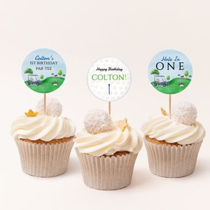 May include: Three cupcakes decorated with golf-themed toppers. The toppers feature a golf buggy, golf balls, and the text "Colton's 1st Birthday Par-Tee", "Happy Birthday Colton!" and "Hole In One".