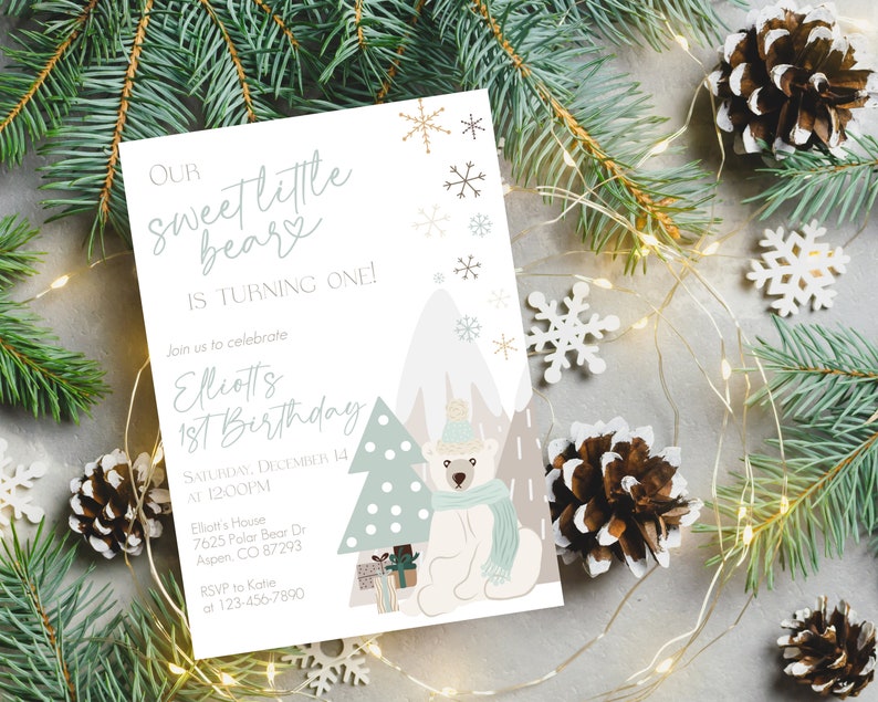 May include: A birthday invitation with a winter theme. The invitation features a polar bear wearing a hat and scarf, with a Christmas tree and presents. The text reads "Our sweet little beary is turning one!" and includes party details.