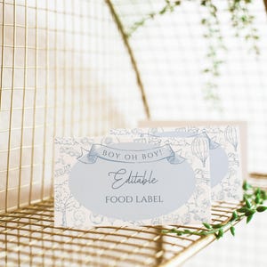 Bewerkbare toile de jouy babyshower voedseletiketsjabloon, stoffige blauwe Franse babyshower voedseltent, vintage babyshower plaatskaart, BBS141