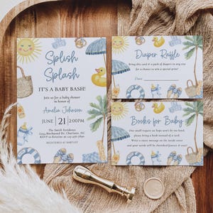 Editable Splish Splash Baby Shower Invitation Set, Blue Pool Summer Boy Baby Shower Invite Bundle, Tropical Summer Beach Surf Invite, BBS180