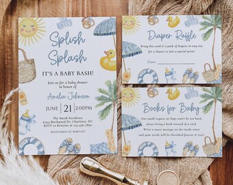 May include: Baby shower invitations with a beach theme. The invitations feature illustrations of suns, umbrellas, ducks, and baby items. The text reads "Splish Splash, It's a Baby Bash!" and includes event details. A gold wax stamp and a wooden tray are also visible.