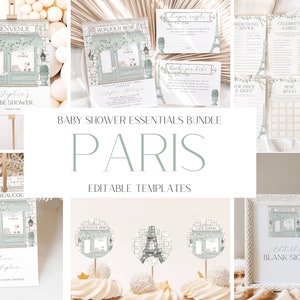Bearbeitbares Paris-Babypartyeinladungs- + Dekorationspaket, Mint-französische Patisserie-Einladung + Spieleset, Paris-Café, französische Bäckerei, CLP173