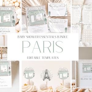 Editable Paris Baby Shower Invitation + Decoration Bundle, Mint French Patisserie Invite + Game Set, Paris Cafe, French Bakery, CLP173