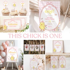 Chicken Birthday Party Invitation + Decoration Bundle, This Chick Is One Spring Farm Barnyard Pink Gingham 1st Birthday Party Invite, CLP290