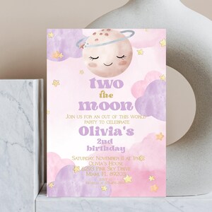 Girl's 2nd Birthday Invitation, Moon and Stars Design (Instant Download) image 4