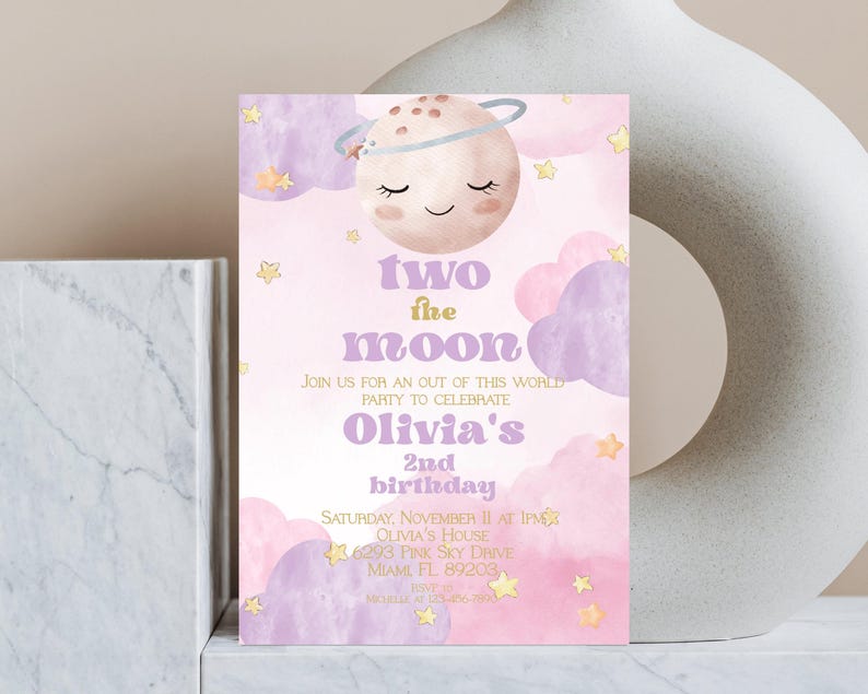 Girl's 2nd Birthday Invitation, Moon and Stars Design (Instant Download) image 4
