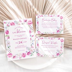 Bearbeitbares Pink Blumen-Babyparty-Einladungspaket, Fuschia-Wildblumen-Babymädchen in Bloom Invite Set, Garten-Babypartyeinladung, BBS165