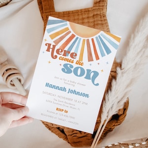 Editable Sunshine Baby Shower Invitation, Here Comes the Son Baby Shower Invite, Boy Sonshine Shower, Boho Sunshine Shower, CLP160