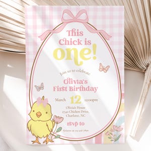 Editable Chicken Birthday Party Invitation, This Chick Is One Spring Farm Barnyard,  Pink Gingham 1st Birthday Party Invite, CLP290