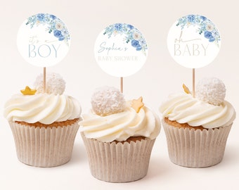 Dusty Blue Floral Baby Shower Cupcake Toppers (Digital Download) CLP96