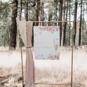 Cartel de bienvenida para despedida de soltera con flores de primavera, cartel de bienvenida para despedida de soltera con flores de cerezo, póster de bienvenida para brunch nupcial, pétalos y prosecco CLP59
