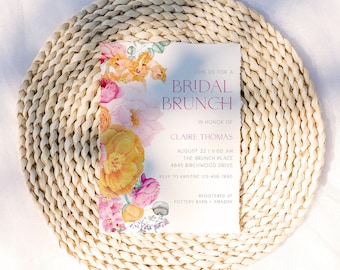 Editable Bright Pink and Orange Floral Bridal Brunch Invitation, Summer Hot Pink Floral Bridal Shower Invite, Magenta Wedding Shower, BDS20