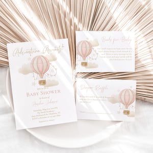 Pacote de convites para chá de bebê Adventure Awaits editável, conjunto de convites para chá de bebê com balão de ar quente rosa, convite para chá de bebê de menina, BBS167