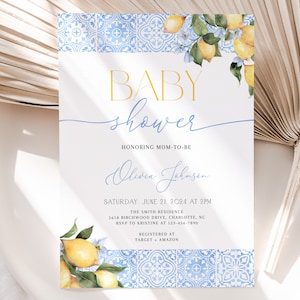 Editable Lemon Blue Tile Baby Shower Invitation, Mediterranean Amalfi Coast Baby Shower Invite, BBS65