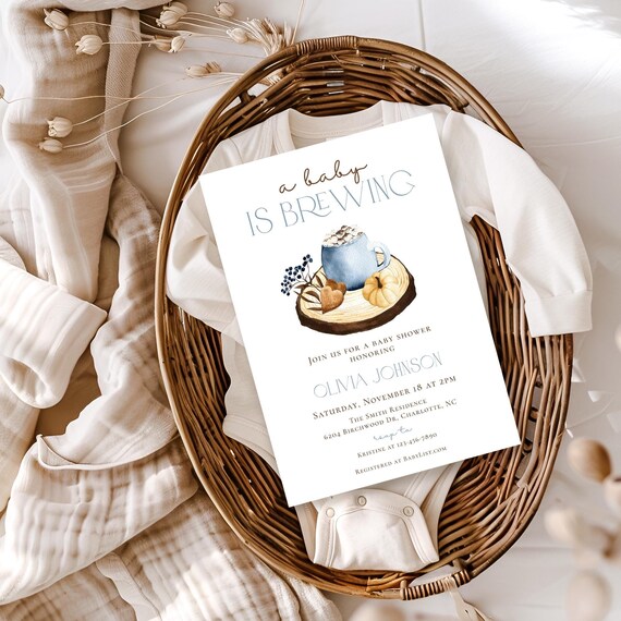 Autumn Baby Shower Invite - Blue Pumpkin and Coffee Design BBS107