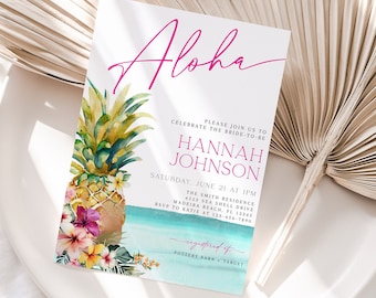 Luau Bridal Shower Invitation, Tropical Hawaiian Pineapple Wedding Shower Invite, Pink Hibiscus Invitation, Bridal Luau Invitation, CLP66