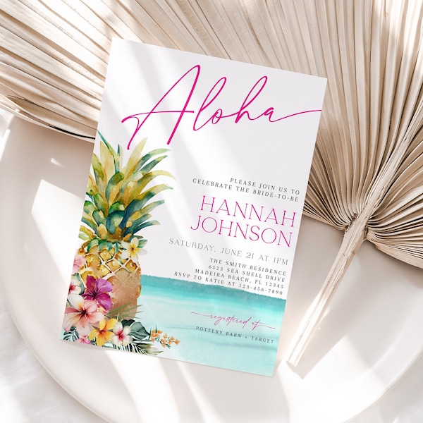 Luau Bridal Shower Invitation, Tropical Hawaiian Pineapple Wedding Shower Invite, Pink Hibiscus Invitation, Bridal Luau Invitation, CLP66