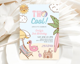 Retro Girls Beach 2nd Birthday Party Invitation, Girls Groovy Pool Party Invite, Two Cool Summer Invitation, CLP90