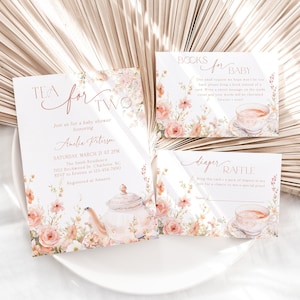 Bearbeitbares Teeparty-Babyparty-Einladungspaket, druckbarer Tee für zwei Babyparty-Einladungssätze, Teezeit Blumen-Babyparty, BBS41