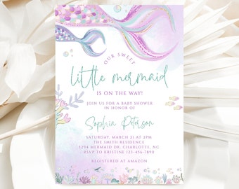 May include: A baby shower invitation with a watercolor illustration of a mermaid tail with purple, pink, and teal colors. The text reads "Our Sweet Little Mermaid is on the Way!" with the date, time, and location of the event.