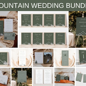 May include: A mountain wedding invitation bundle with a green and white color scheme. The bundle includes invitations, RSVP cards, details cards, welcome signs, table numbers, menus, and more. The designs feature a mountain range with trees and a minimalist style.