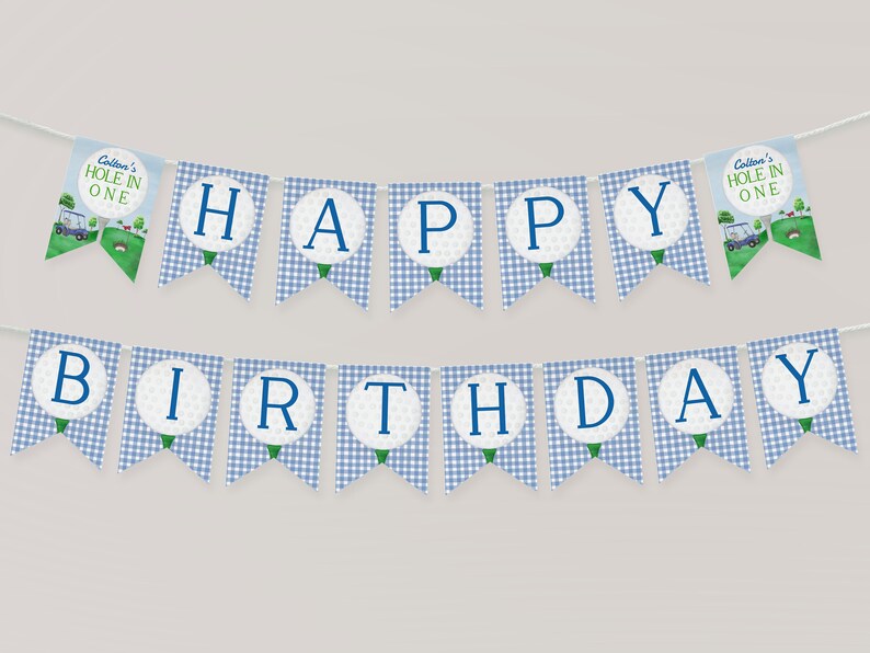 May include: A blue and white gingham banner with golf ball cutouts and the words "Happy Birthday". The banner also includes two golf-themed flags with the text "Colton's Hole in One".