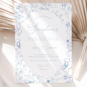 Editable Toile De Jouy Toy Themed Baby Shower Invitation, Dusty Blue Boy Vintage Toile Floral Baby Shower Invitation, Corjl BBS147
