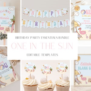Retro Girls Beach 1st Birthday Party Invitation + Decor Bundle, Girls Groovy Pool Party Invite Set, One in the Sun Summer Invitation, CLP90