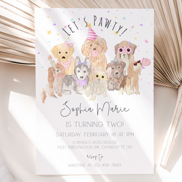 Editable Pink Girl Dog Birthday Invitation, Puppy Party Invite, Lets Pawty Invitation, Animal Birthday, Pet Party, Instant Download, CLP201