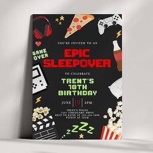 Boys Sleepover Birthday Invitation, Video Game Party Invite, Pizza Party, Movie Night Invite, Teen Invitation, Epic Sleepover, CLP84,