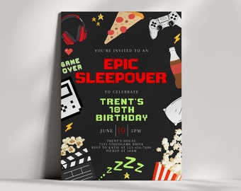 Boys Sleepover Birthday Invitation, Video Game Party Invite, Pizza Party, Movie Night Invite, Teen Invitation, Epic Sleepover, CLP84,