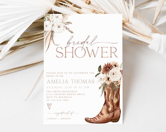 Boho Country Western Bridal Shower Invitation, Cowgirl Boots Bridal Shower Invite, Boho Floral Cowboy Shower Invitation, CLP75