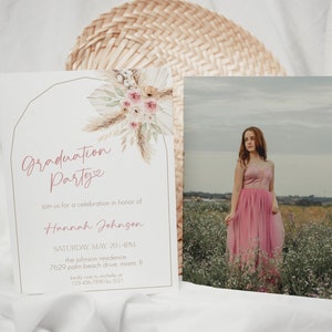 Modello di invito per annuncio festa di laurea boho floreale, invito festa di laurea con foto, invito festa di laurea moderna