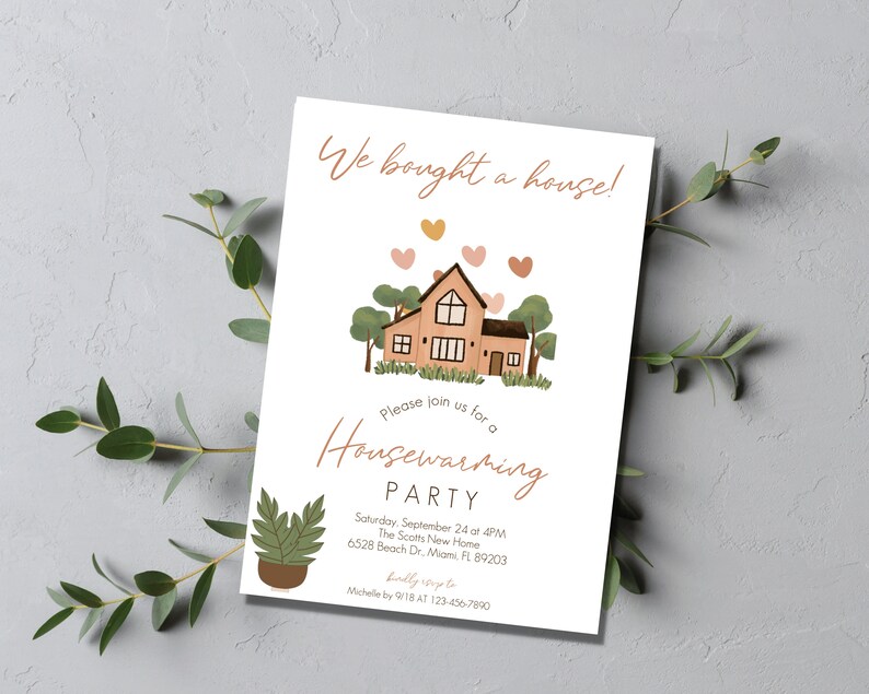May include: A housewarming party invitation with a cartoon illustration of a house with a brown roof and a yellow door. The text reads "We bought a house!" and "Please join us for a Housewarming Party". The invitation includes the date, time, address, and contact information.