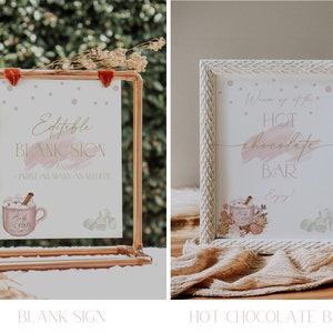 May include: Two printable signs for a hot chocolate bar. The first sign is a blank sign with a copper frame and a pink background. The second sign is a white frame with a pink and white watercolor background. The text on the sign reads "Warm up with the HOT chocolate BAR Enjoy!"