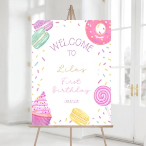 Editable Sweet One Birthday Welcome Sign, Desserts Candy Birthday Decoration, Girl Birthday, Cupcake Macaroon, Instant Download, CLP38