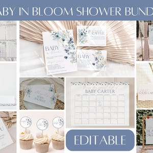 The image is a collage of various baby-related items and details, including baby shower invitation cards, a baby shower schedule, baby shower decorations, and baby shower favors.