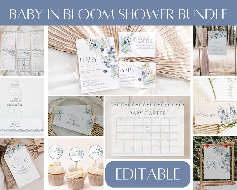 The image is a collage of various baby-related items and details, including baby shower invitation cards, a baby shower schedule, baby shower decorations, and baby shower favors.