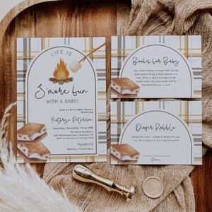 Lot d'invitations modifiables pour baby shower S'mores, ensemble d'invitations pour baby shower de feu de camp à carreaux automne, faire-part de baby shower de camping amusant S'more, BBS93