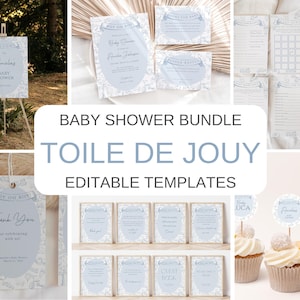 Invitación editable para baby shower en Toile de Jouy + paquete de decoración, invitación para baby shower francés en azul polvoriento + juego, Vintage Oh Boy, BBS141