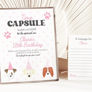 Editable Pink Girl Dog Birthday Party Time Capsule, Pink Puppy Pawty Decor, Let&#39;s Pawty Decor, Instant Download, CLP5