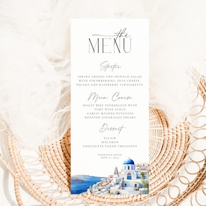 Modèle de menu modifiable Santorin mariage 4 x 9, menu méditerranéen, menu douche nuptiale Grèce, menu de Table de mariage de destination, WD14