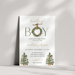 May include: A baby shower invitation with the words "bundle of BOY" in a decorative font, featuring a wreath design. The invitation includes details for the event, such as the honoree's name, date, time, and location.